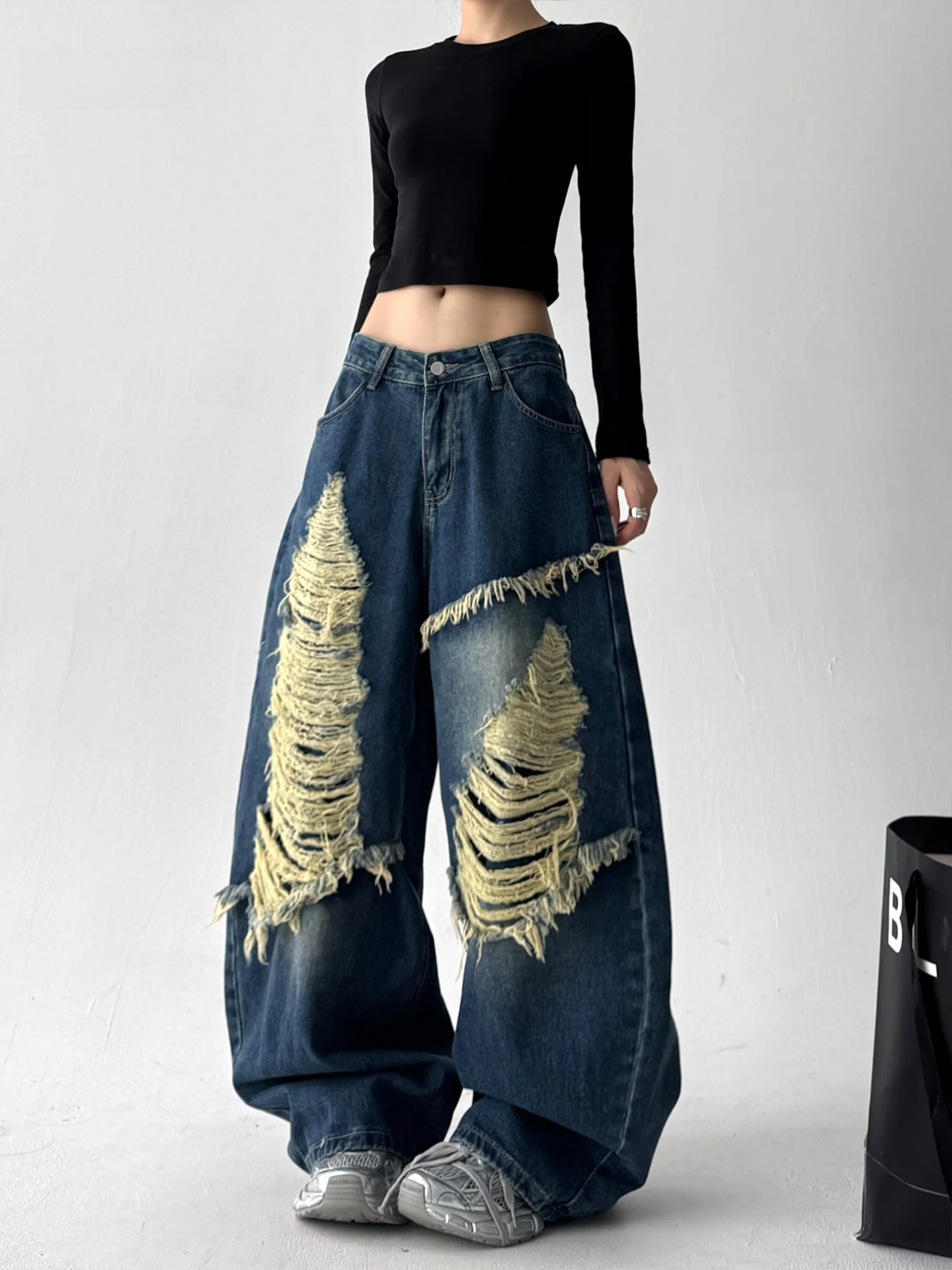 

Джинсы Waed American Sle, женские широкие брюки с рваными дырками, свободный крой, весна-осень, Новое поступление, модный бренд