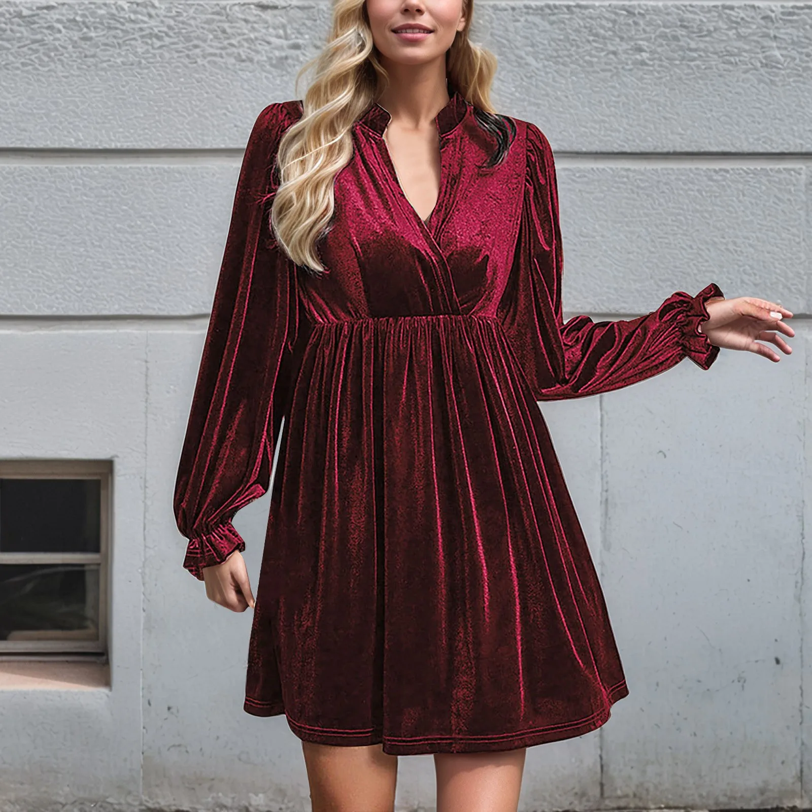 Elegant  Party Mini Dresses Women Sexy Pleated V Neck Slit Long Sleeve Ruched Sundresses Formal Club Night Out Wedding Dress