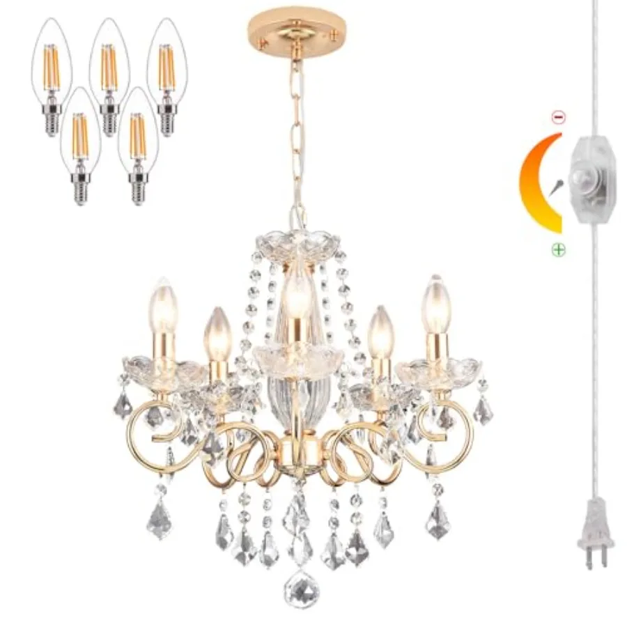 

DIMMABLE Plug in Crystal Chandelier 5 Light for Dining Room Living Room Entryway Kitchen, Champaign Gold K9 Crystal, 19.68ft Co