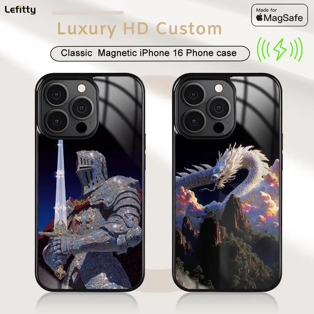 

1PC Luxury Knight Art Phone case For iPhone 16 15 14 13 12 11 Pro Max Plus Mini Magsafe Charging Cover Magnetic Hard Shell