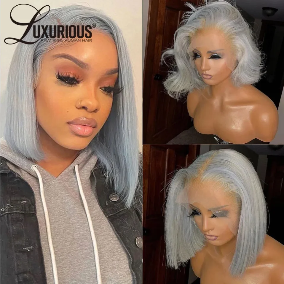 Wig rambut manusia Bob pendek abu-abu perak mewah untuk wanita 13x4 Wig Frontal renda transparan lurus Wig rambut Remy Brasil