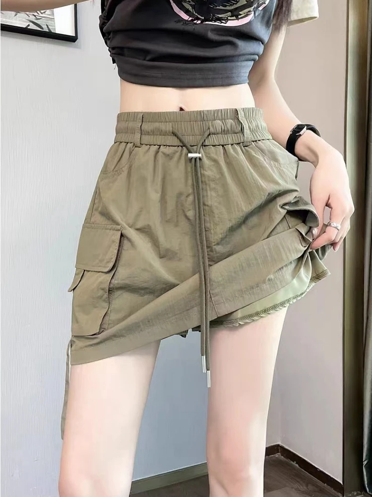 Solid Slim Lace-Up Pockets Casual Mini Skirt Summer Kawaii Office Lady Skirts Spring Korean Fashion Black Faldas Womens Clothing