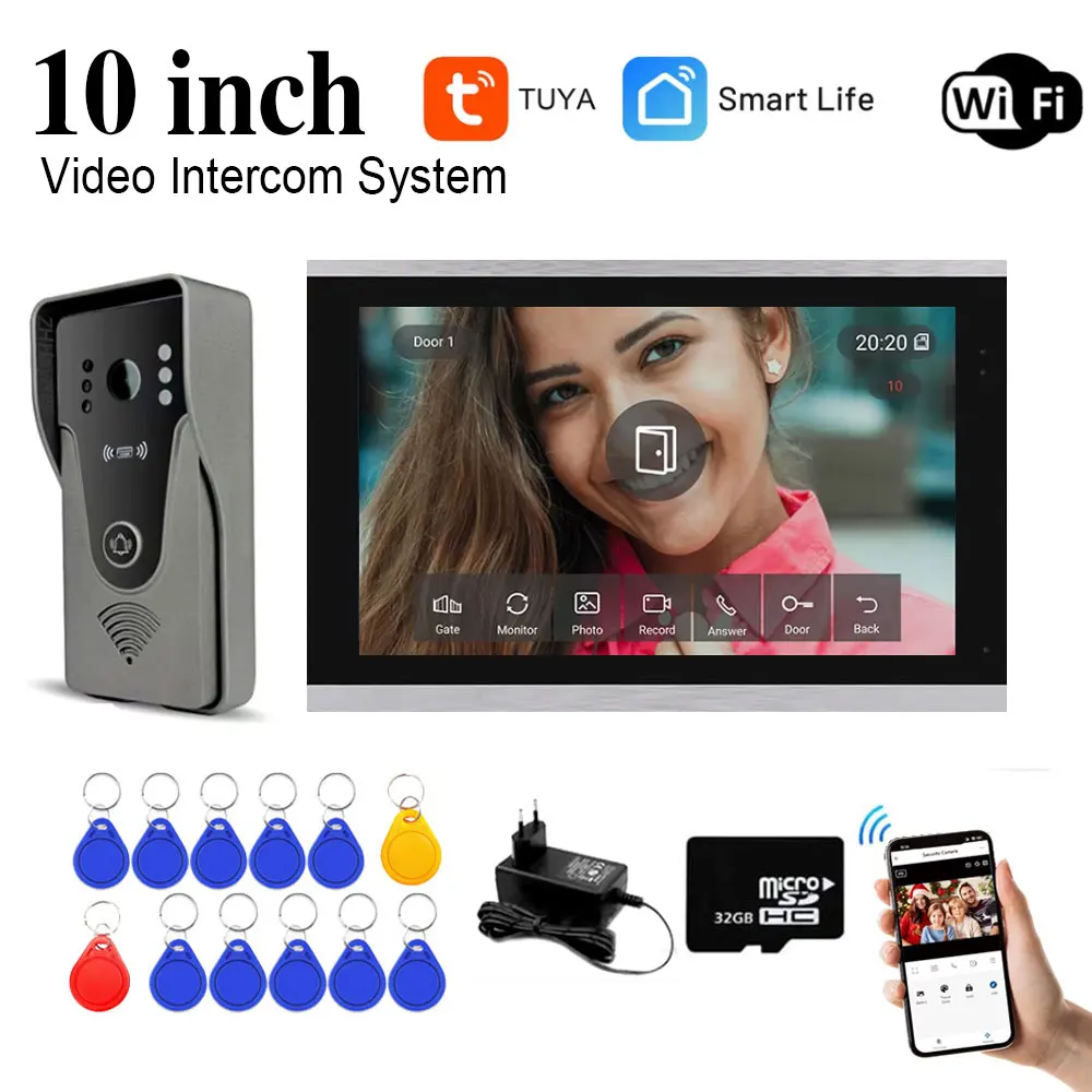 10 inch Color Touch Screen Tuya 1080P Wireless WiFi Video Doorbell Smart APP Home Intercom Kit for RFID Access Control System