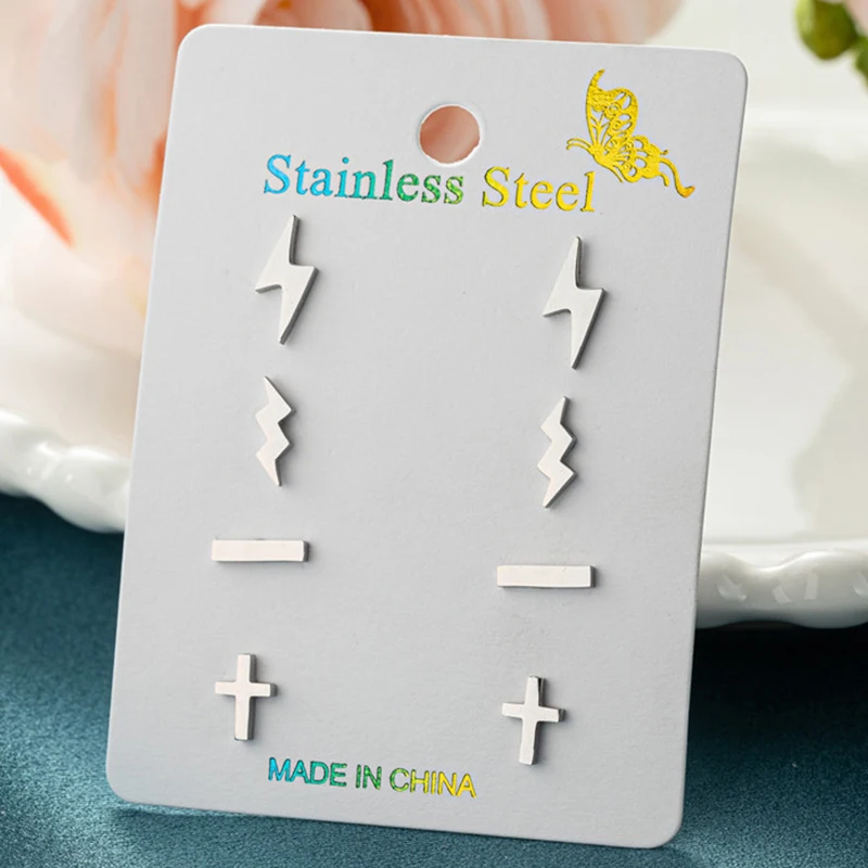 4Pairs/Lot Black Stainless Steel Geometric Earings Sets Simple Lightning Cross T Bar Stud Earrings for Women Men Brinco 2024