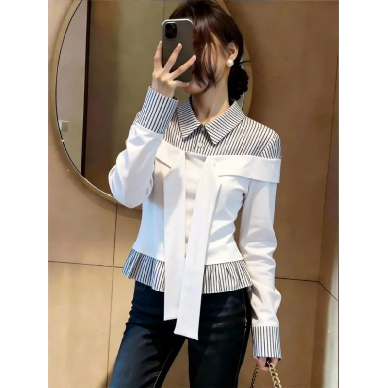 Two-piece Striped Shirt Women's 2026 Spring New Lapel Lace-up Slim High-quality Design Top