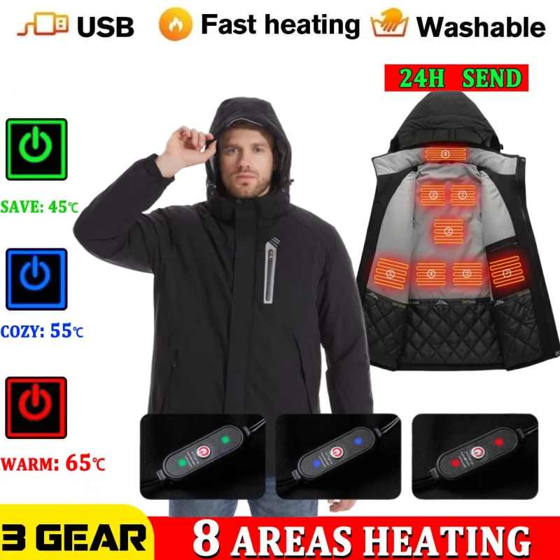 Best Usb 8-Zone Heating Waterproof Jacket Detachable Cap Windproof Jacket Black, Blue, Army Green, Red