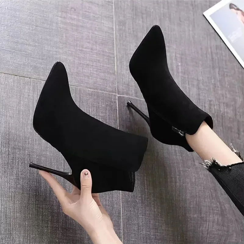 Short Boots Women 2023 Autumn/Winter High Heel Shoes Sexy Black Stiletto Pointed Toe Side Zipper Botines Casual Botas De Mujer