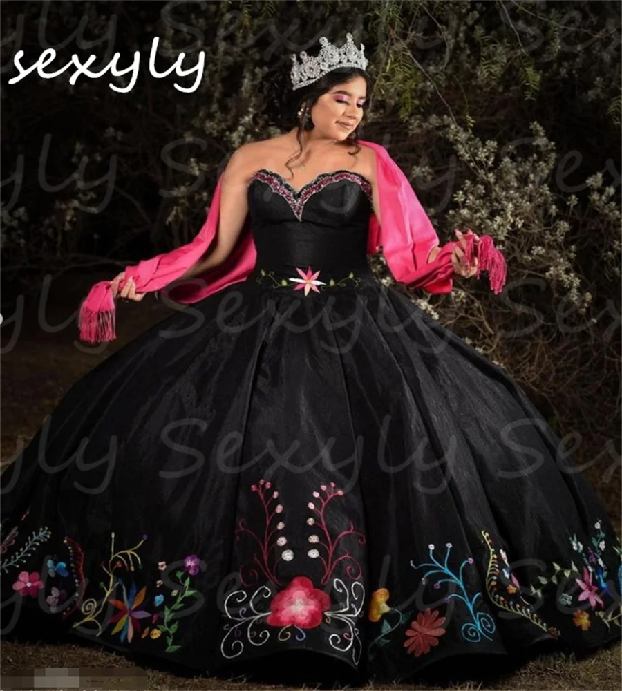 Customized Black Charro Quinceanera Dress Mexican Photography Flower Embroidered Vestidos De Xv Años Mexicano Sweet 15 Party