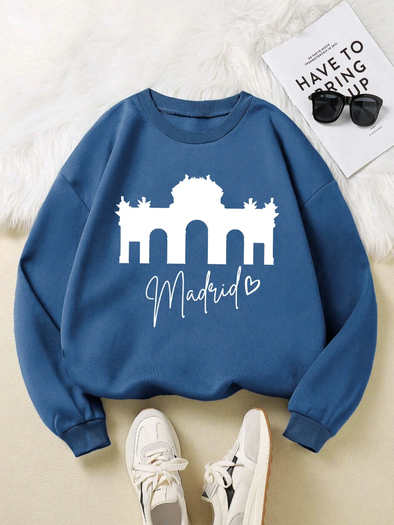 Madrid Alcala Schiebetür Druck Frauen Pullover Mehrfarbig 0-Neck Sweatshirt Herbst Lose Kleidung Fleece Y2K Frau Streetwear