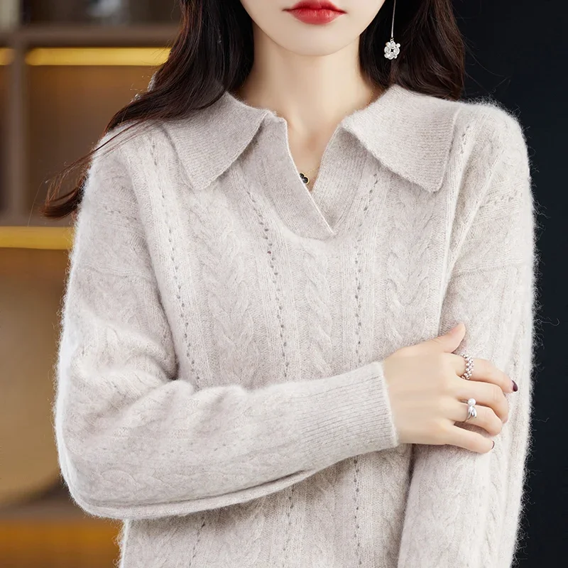 RONGNI Polo Collar Mink Cashmere Sweater Short Autumn And Winter New Woman Loose Pullover Wool Knitted Bottoming Shirt