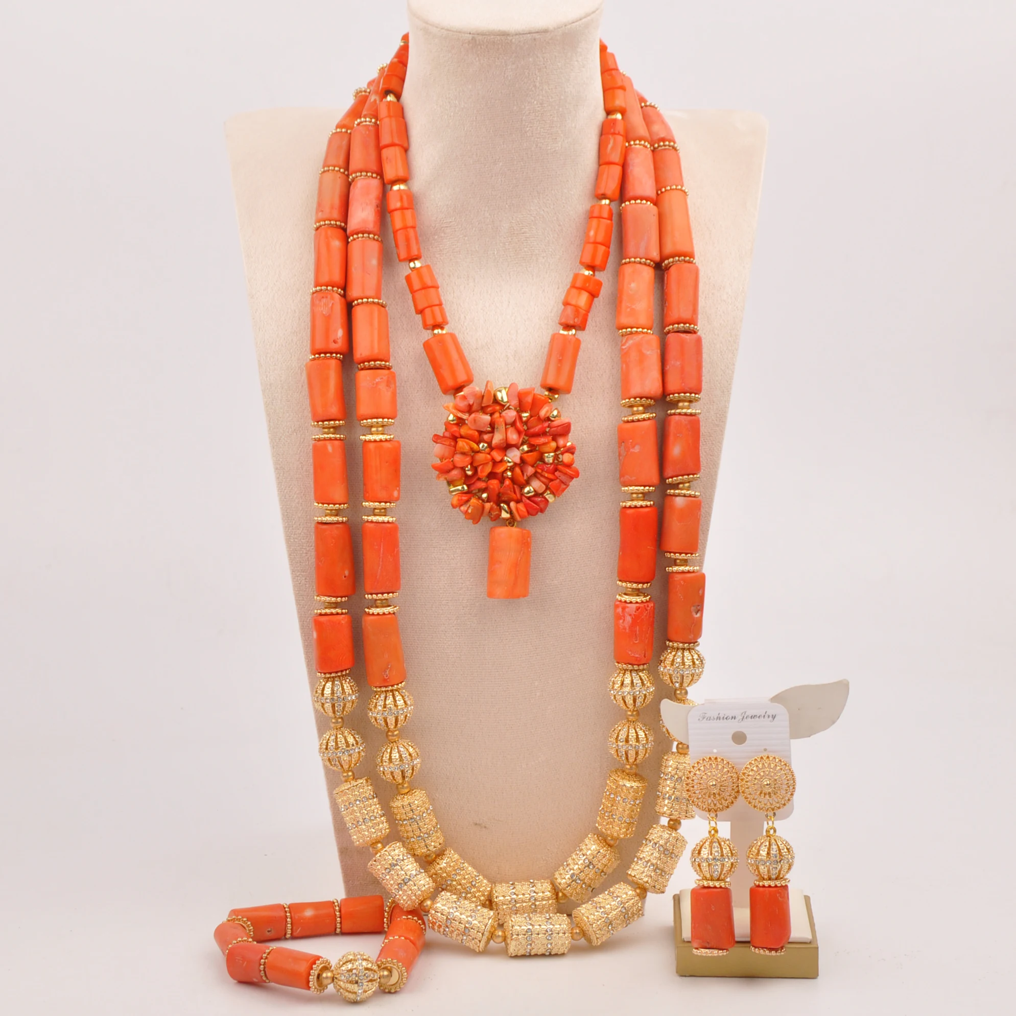 Romantic Nigerian Wedding Natural Orange Coral Beads African Bride Newlyweds Wedding Jewelry Necklace Set SHXY-72