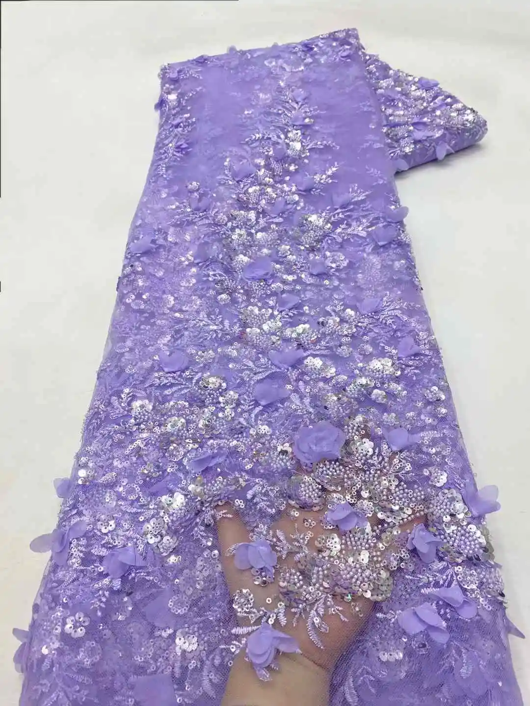 Lilac African Beaded lace Fabric 2025 High Quality Sequins Embroidery French Beaded Tulle Laces For Nigerian Wedding Dresses