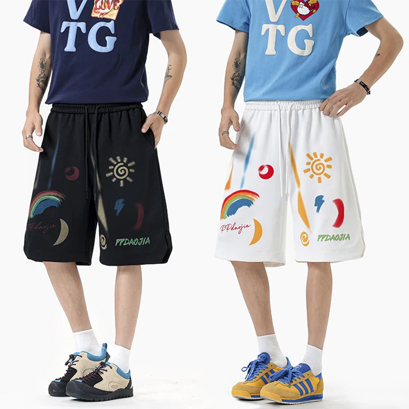 

Новые летние модные трендовые шорты с принтом каракулей, мужские тонкие повседневные шорты, мужские свободные спортивные пятые брюки с эластичной резинкой на талии