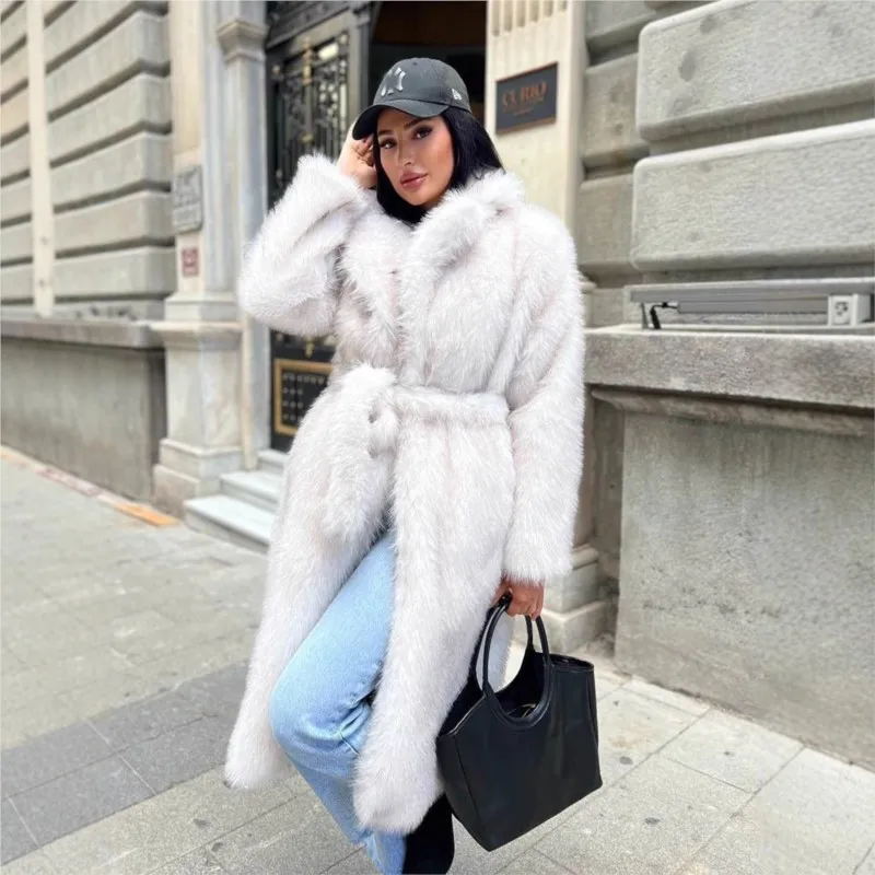 

Women's mixed fur coat with long artificial belt top and cardigan