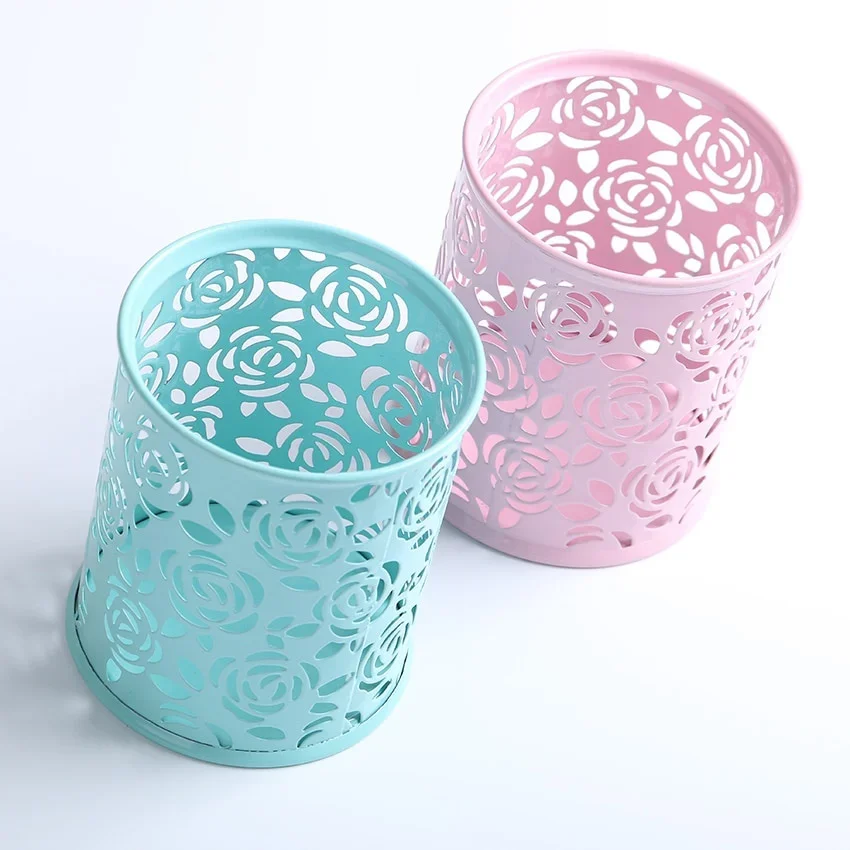 1 PC Metal Hollow Rose Flower Design Cylinder Pen cil Pot Holder Storage  Case Office Stationary Supplies