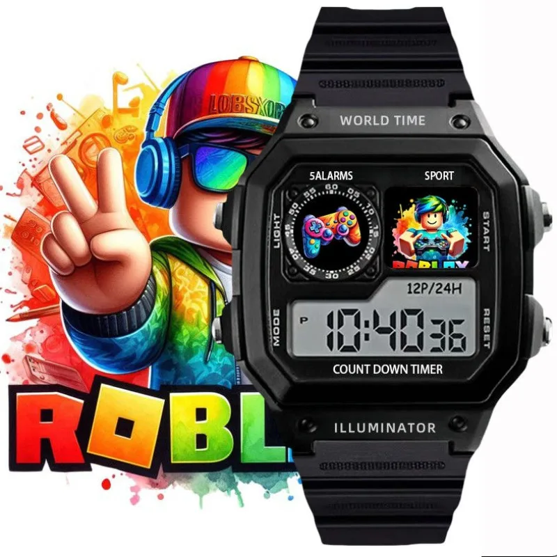 Game ROBLOX Creative Peripheral Cartoon Children's Black Silver Digital Waterproof Watch Gift Watch Decoration Daily Necessities