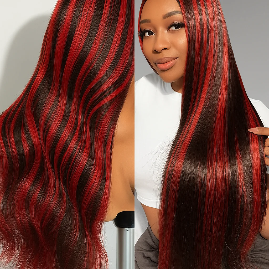 Parrucca per capelli anteriori in pizzo trasparente con densità 200% Rosso Nero dritto 5x5 Parrucche per capelli briziliani in pizzo frontale senza colla per le donne