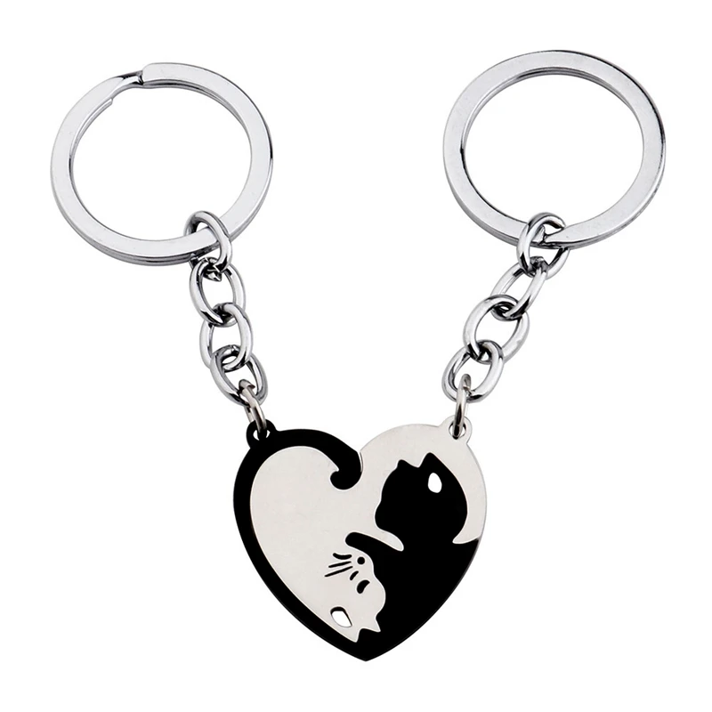 2PC/set Matching Yin Yang Cat Keychain Valentine's Day Stainless Steel Round Heart Shaped Key Ring Women Couple Best Friend Gift