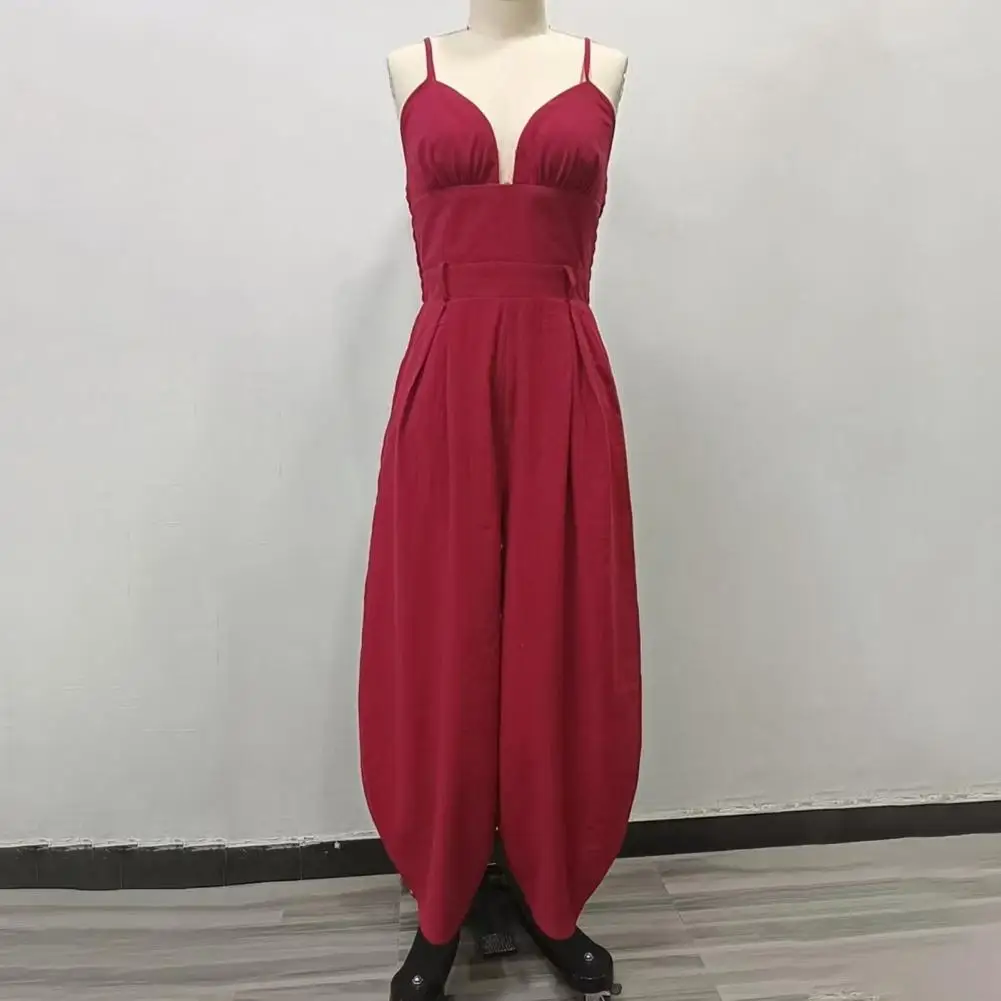 

Women Jumpsuit Summer Jumpsuits for Women Spaghetti Strap Overalls V Neck Casual One-piece Outfits with Pockets Elastic Jumpsuit