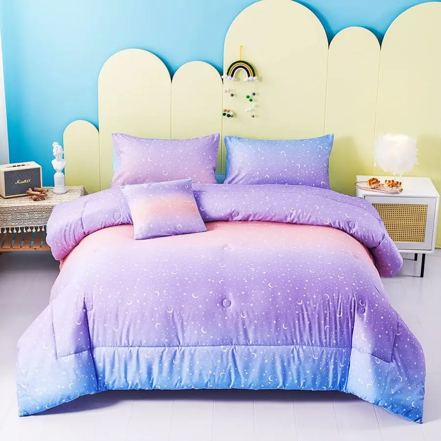 Juego de edredón para niñas, tamaño completo, degradado morado y naranja, con estampado de luna y estrellas, juego de edredón con sábanas, 6 piezas, juego de cama en una bolsa, cómodo