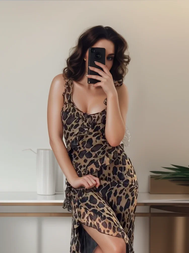 Vestido de leopardo feminino estampado babados, vestido feminino sem mangas, feriado de verão, festa na praia, moda sexy, novo