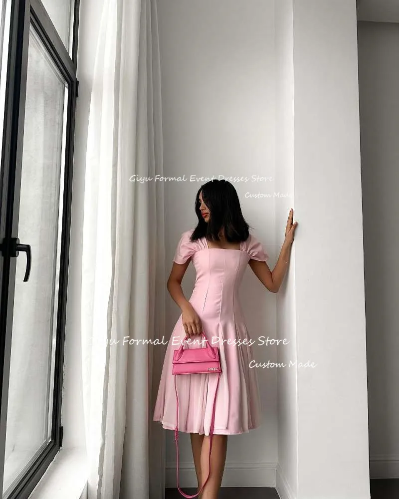 Giyu Pink Short Evening Dresses Arabic Women Knee length Cap Sleeves Square Neck Formal Party Event Dress