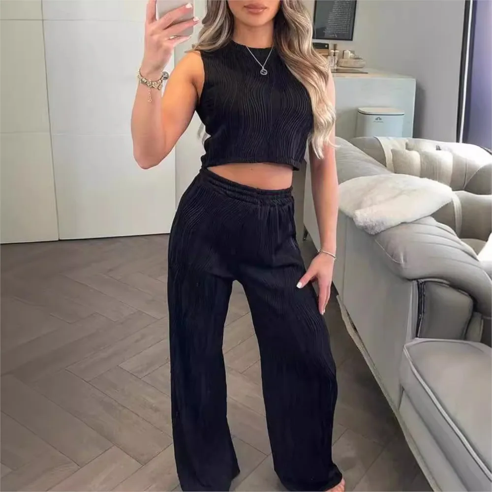 Slim Crop Top And Trousers Two Piece Set For Women 2024 Summer Solid Color Round Neck Tank Top Straight Tube Pants Suits Outfits