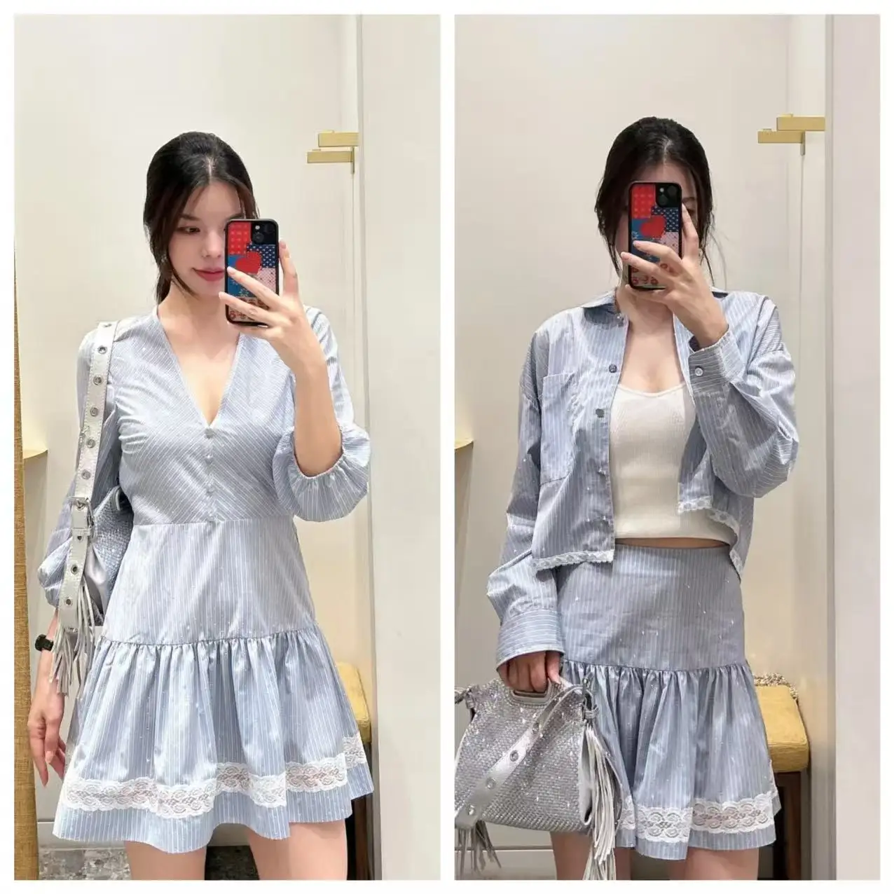 

Style Dress Set Sweet Striped Short Skirt Blouse Princess Style Long Sleeve Breathable Comfortable V-Neck Zipper Back