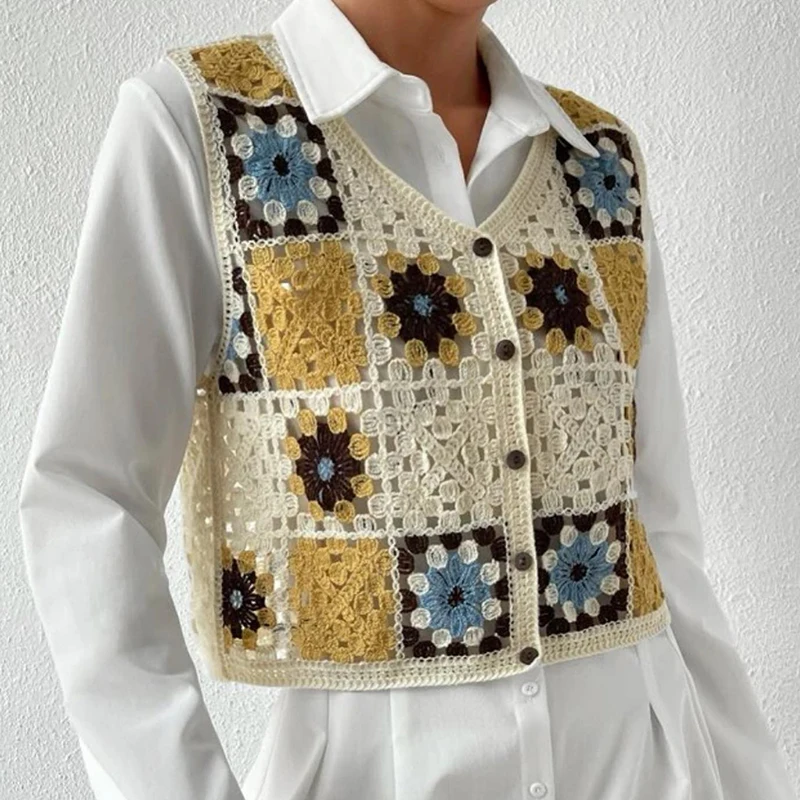 Granny Square Crochet Vest Top Sheer Open Knit Sleeveless Button-up Blouse Cardigan Women Summer Fairycore Cottagecore Outfit