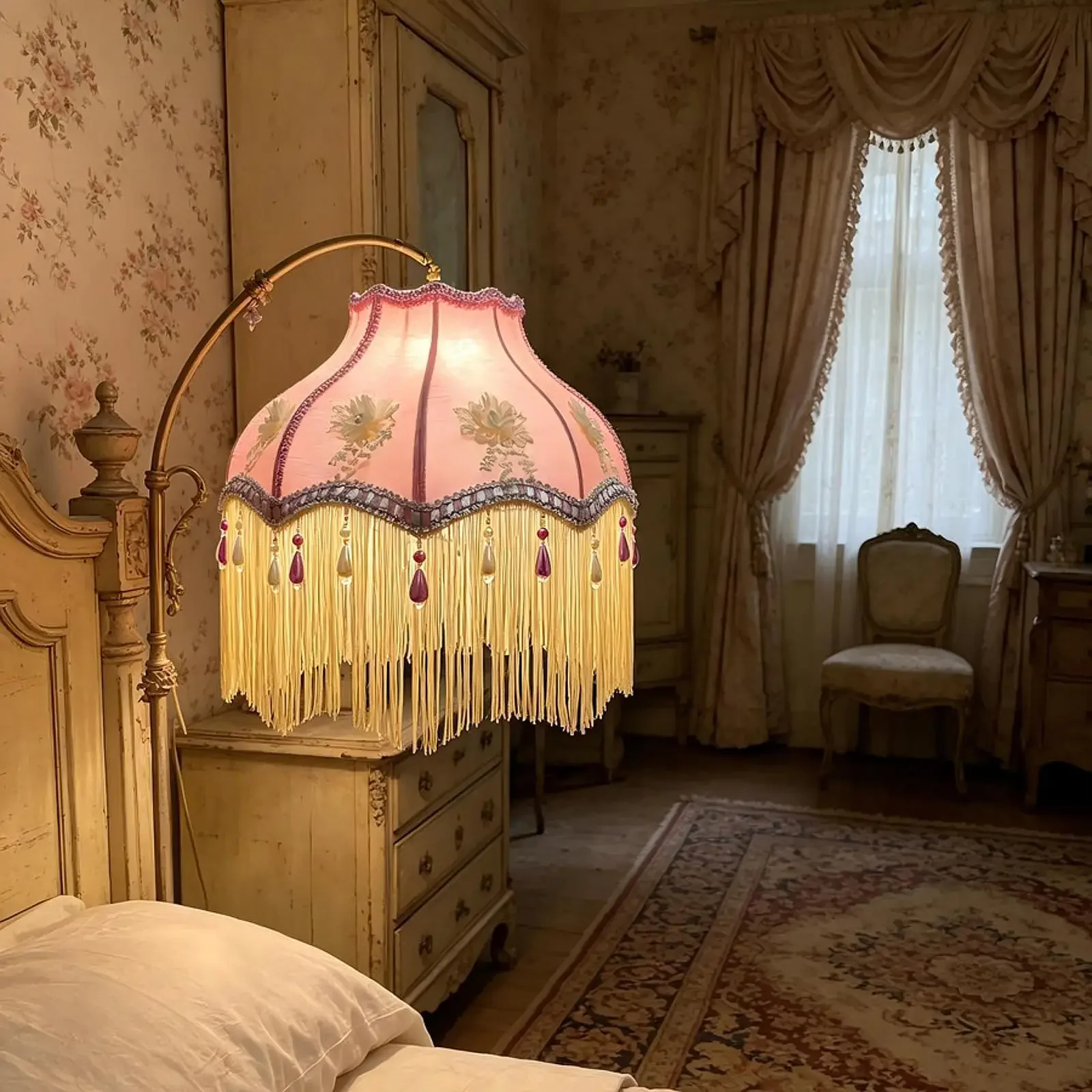 European Lampshade Cloth Art for Floor Light Retro Fabric Lampshade Fringe Lamp Shade Bead Lace Lampshade for Desktop Cafe Home