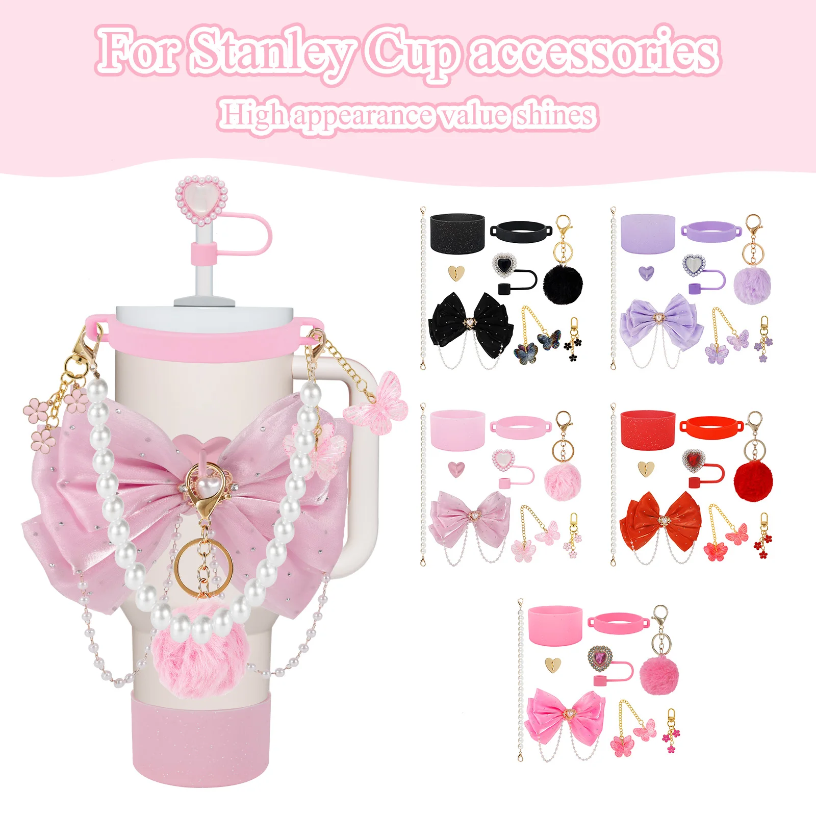 9PCS Cup Accessories Set for 40 oz Tumbler Including Bottle Cover Cup Strap Chain Pendant Bow Decoration Butterfly Pendant for