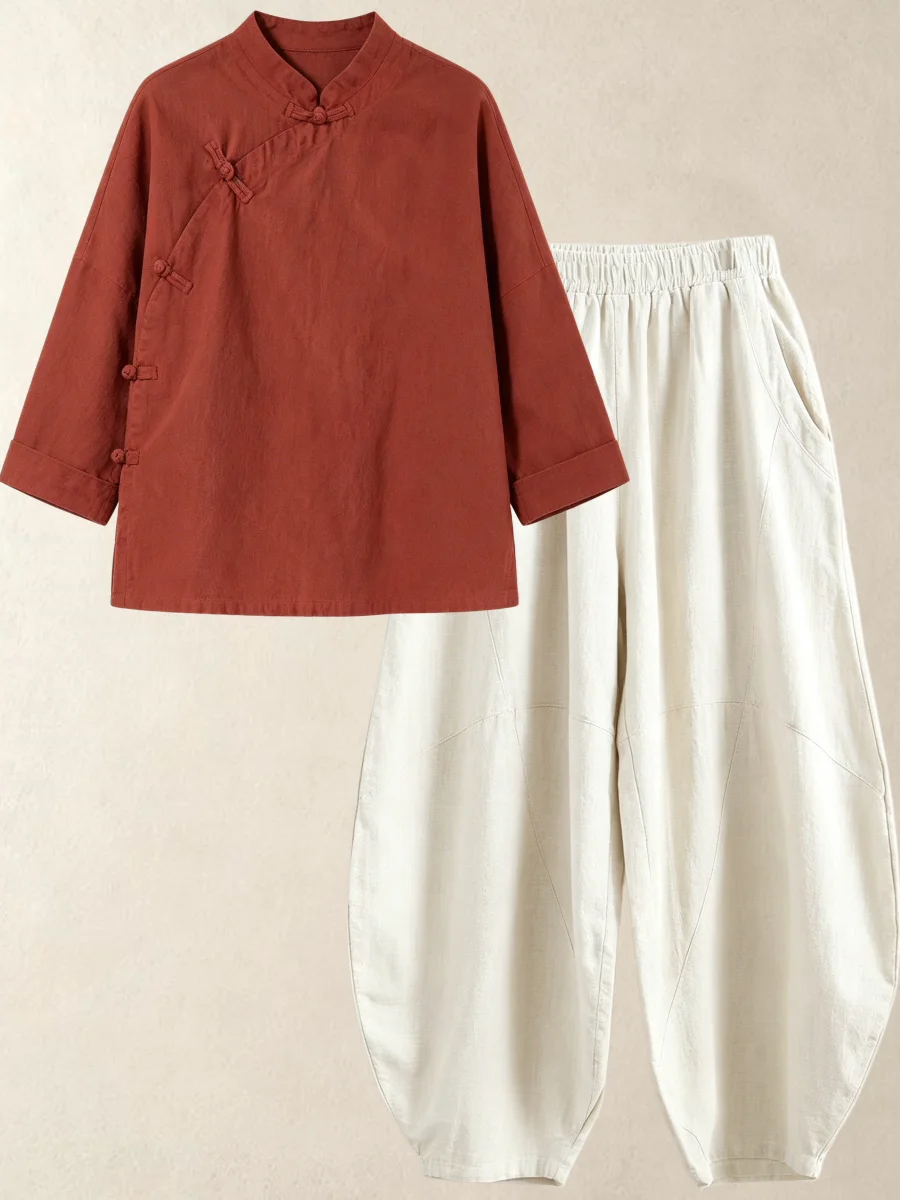 ชุดเสื้อเชิ้ตผ้าฝ้ายลินินแขนยา - Linen Pant Wide บทวิจารณ์และราคา