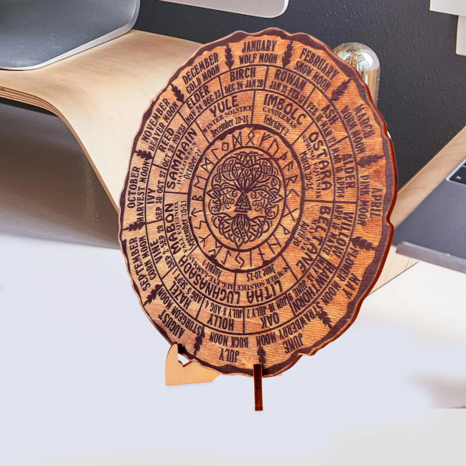 Wooden Ornament Tree Ring Design Desktop Decoration Natural Wood Wheel Of The Year Decorative Calendar Handmade Wood Round