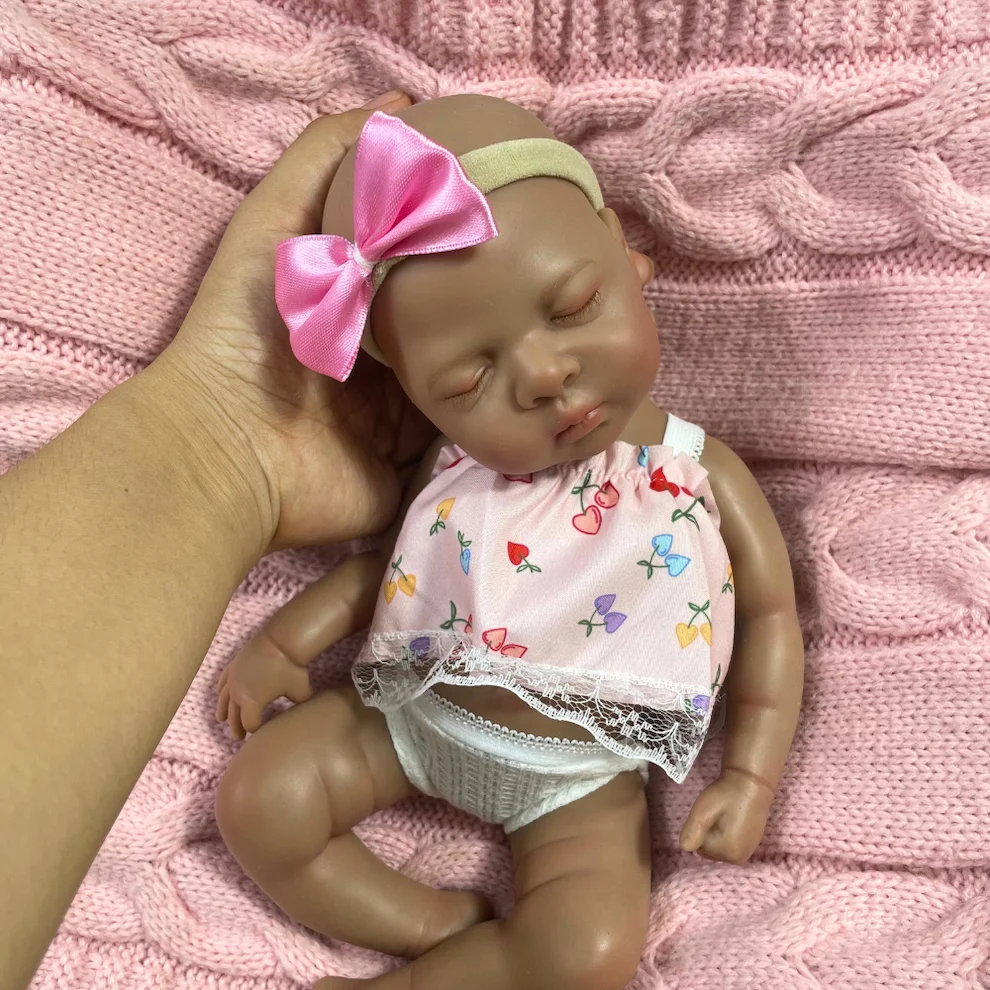 

13 Inch Mini African American Reborn Silicone Baby Doll Luna Dark Skin Girl Full Solid Silicone Washable Doll Toy Christmas Gift