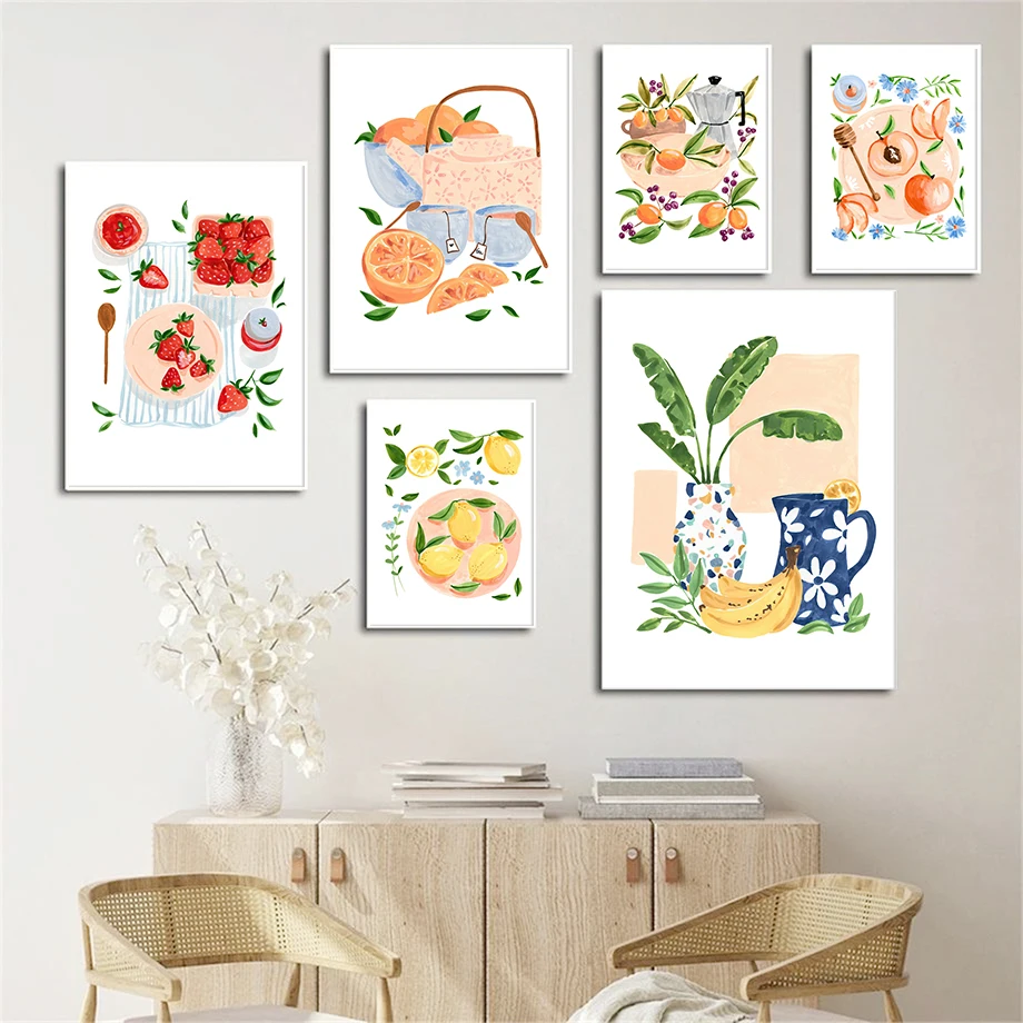 Watercolor Lemon Peaches Kiwi Banana Orange Strawberry Coffee Wall Art Canvas Painting Nordic Posters Prints Bar Kitchen Decor