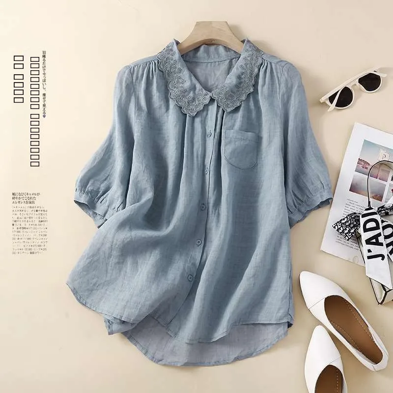 

Ретро-блузка с вышитым воротником-стойкой из хлопка и льна, однотонная, весенняя, для женщин