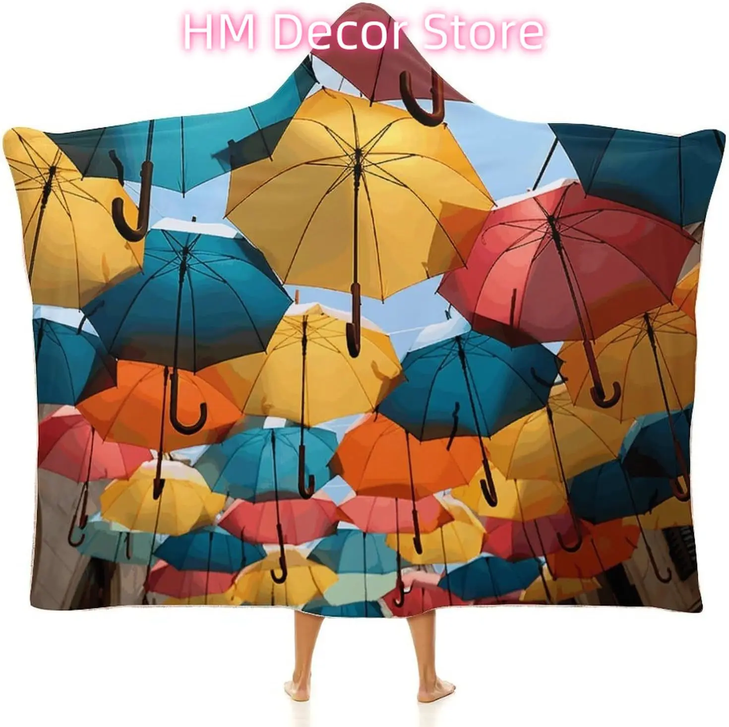 Colored Umbrellas Wearable Hooded Blanket, Ultra Soft Arctic Velvet Cape Cloak Unisex - Cozy Wearable Blanket