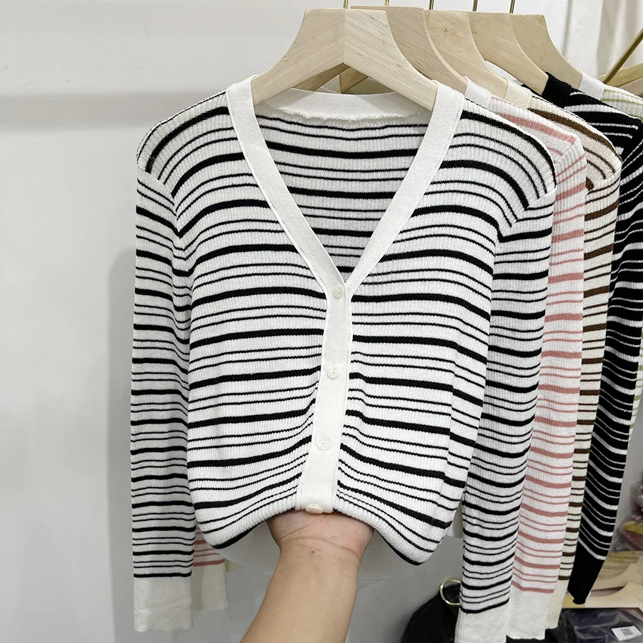 

Women's Color Blocked Striped Cardigan Autumn V-neck Slim Single Breasted Knitted Sweater Ice Silk Casual Long Sleeve Outerwear