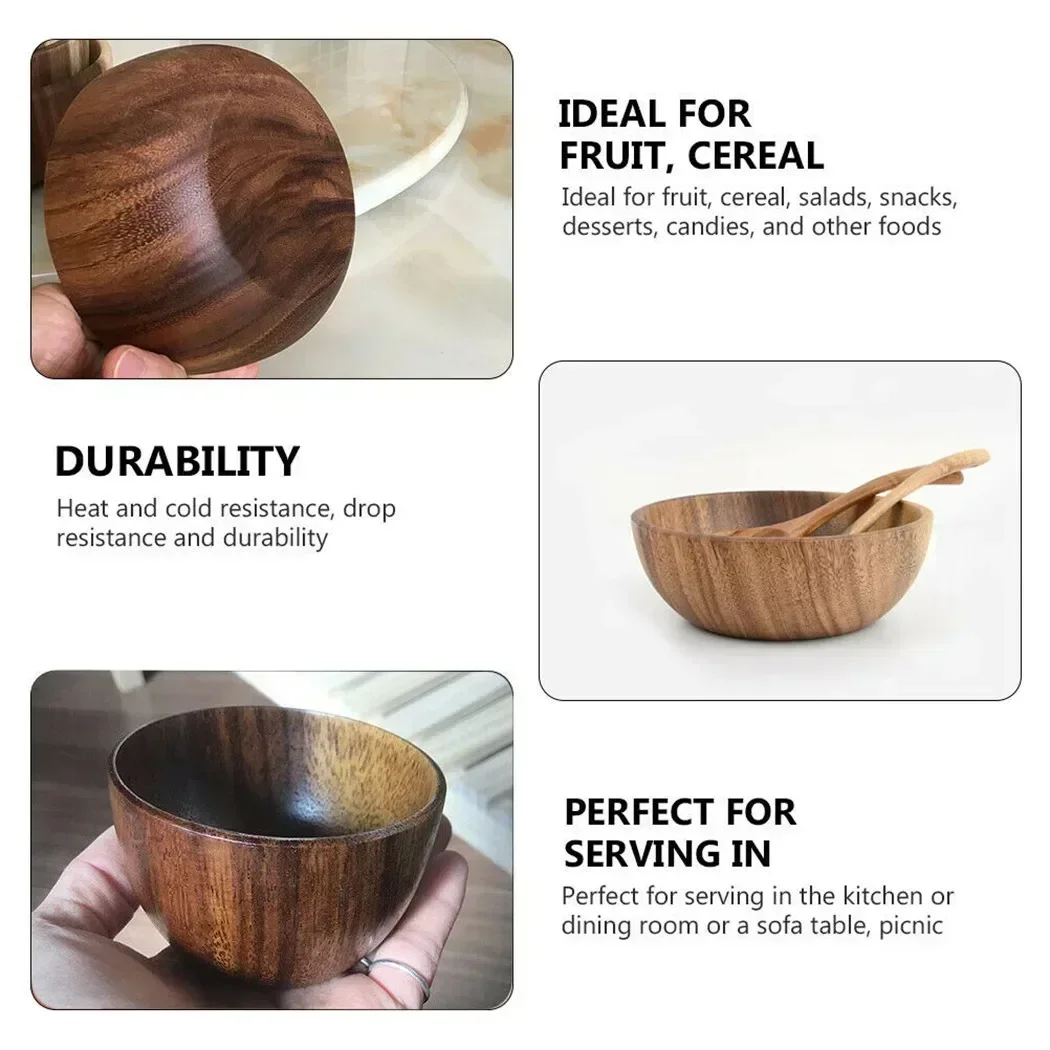 Wooden Salad Bowl Fruit Bowl Household Rice Bowl Cooking Kitchen Restaurant Drop Resistant Portable Smooth Not Easy To Break