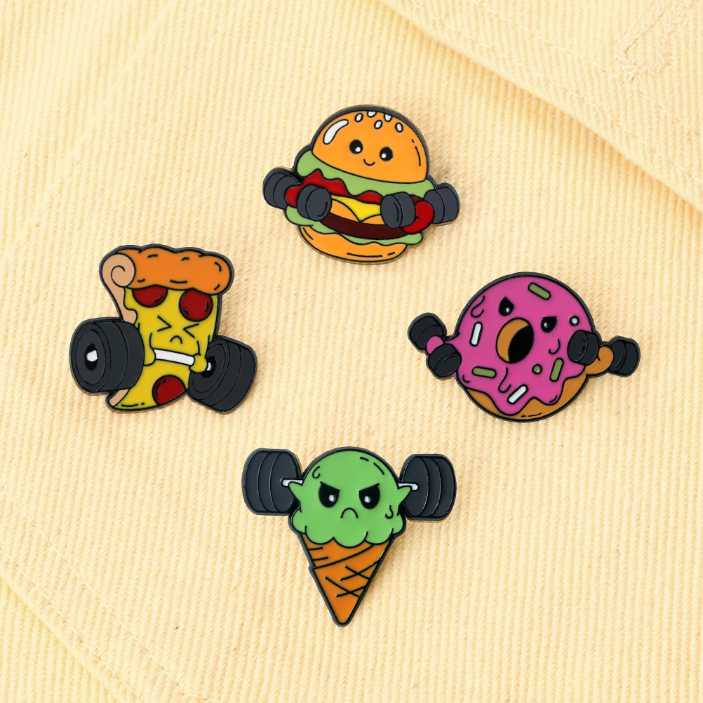 Food & Dumbbell Brooch for Fitness Lover Cartoon Hamburger Pizza Donuts Ice Cream Exercise Enamel Pin Creative Denim Lapel Badge