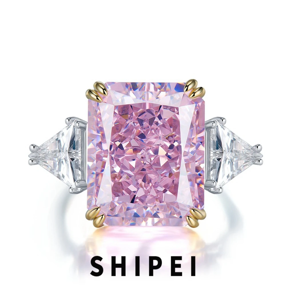 

SHIPEI Luxury 925 Sterling Silver Crushed Ice Cut 30CT Pink Sapphire Citrine Gemstone Engagement Ring Fine Jewelry Wholesale