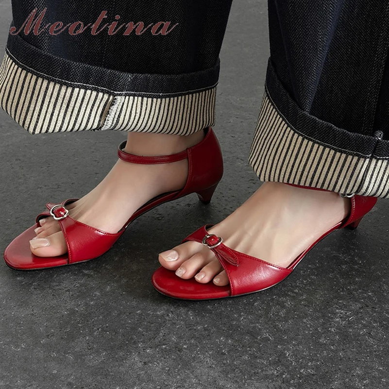 

Meotina Women Genuine Leather Sandals Round Toe Thin Mid Heels Buckle Sexy Ladies Fashion Shoes Spring Summer Wine Red 40