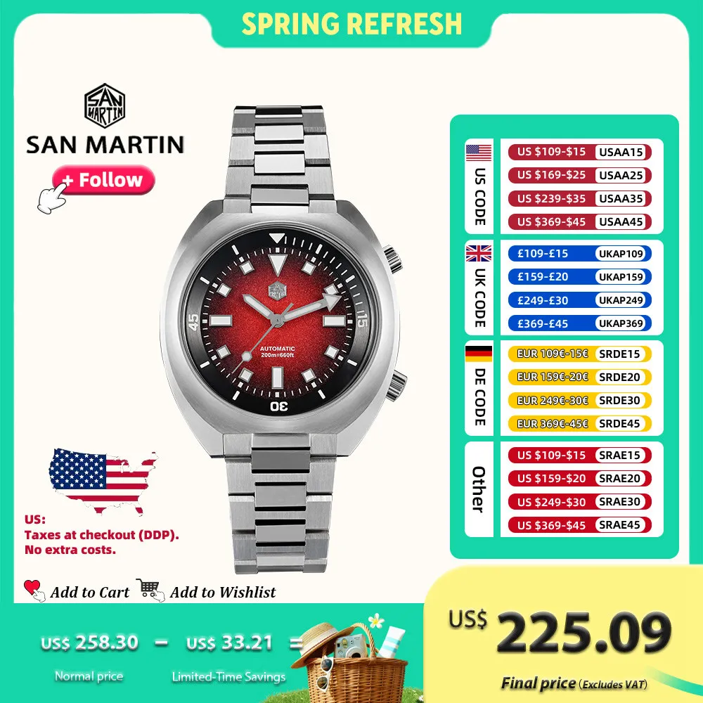 

San Martin 42mm Men Diver Watch YN55 Stainless Steel Automatic Mechanical Diving Compressor Watches Waterproof 20bar SN0066