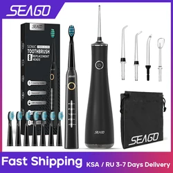 Seago limpador de dentes com fio dental de água, com 5 bicos, jato de água dental portátil e escova de dentes elétrica sônica com 8 cabeças