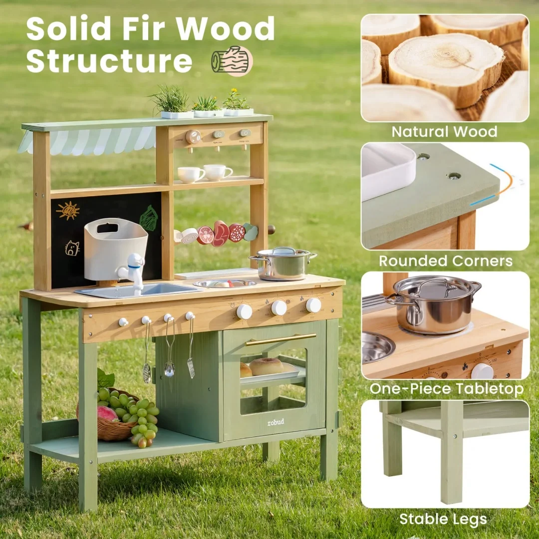 Robotime Robud Outdoor Play Kitchen Houten Monteeori-speelgoed voor kinderen buiten vanaf 3 jaar Groen