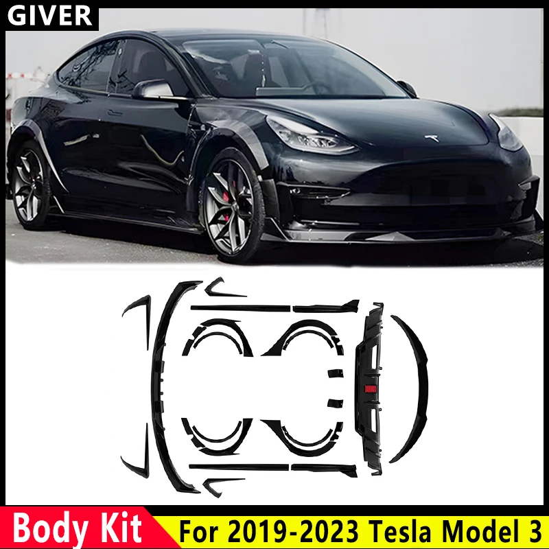 

For 2019-2023 Tesla Model 3 Body KitABS Carbon fiber pattern Rear Diffuser Spoiler Front Bumper Lip Side Skirt Refit Accessories