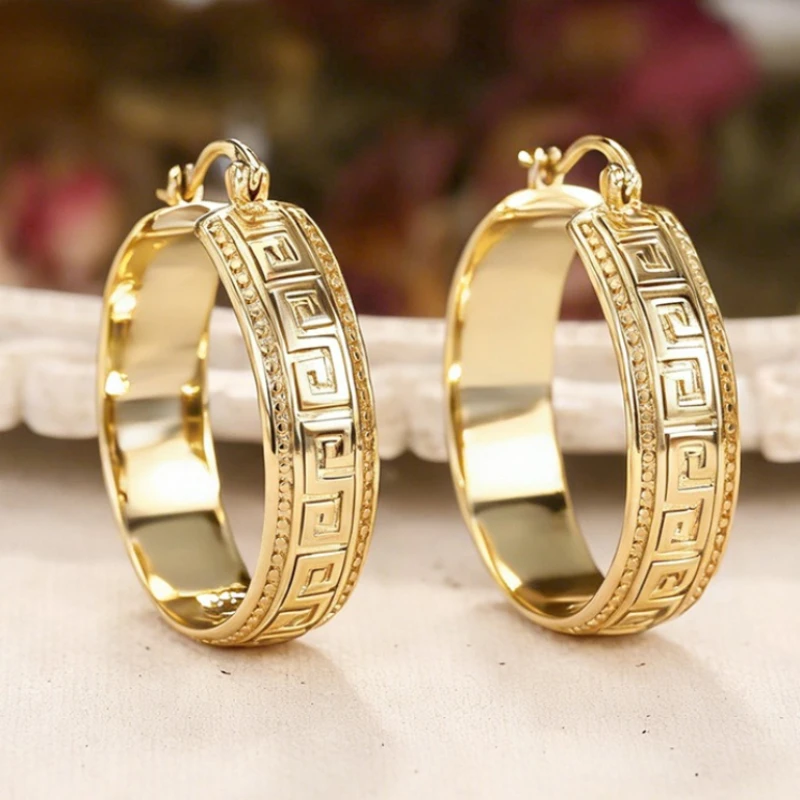 Wide Earrings with Vintage Greek Key Pattern, Gold Earrings Jewelry Gift for Women for Party, Daily Wear, Leisure and Vacation