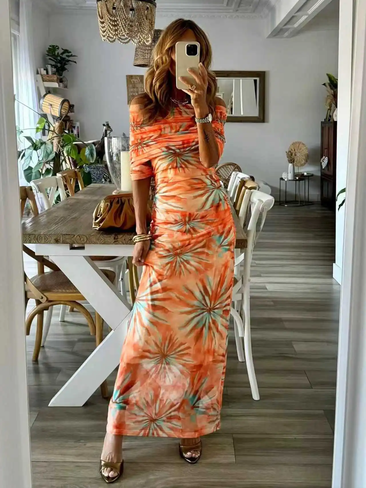 

Women's Sexy Tie Dye Off Shoulder Dress Ruched Bodycon Long Sleeve Summer Beach Maxi Dress