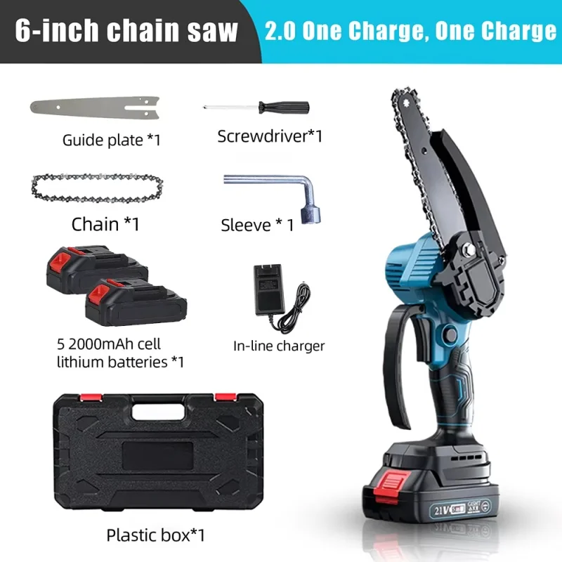 Mini-Kettensäge 6 Zoll mit 2 × 21V Akku, Leistungsstarke Elektrische Kleine Tragbare Kettensäge mit Automatischer Ölschmierung für Einfaches Beschneiden