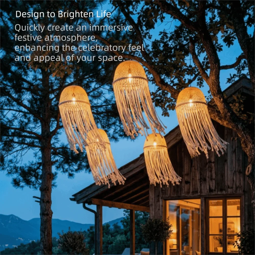 Handmade Waterproof Rope Lantern Jellyfish Design Bamboo Woven Pendant Lamp Vintage Style Hanging Lamp Garden